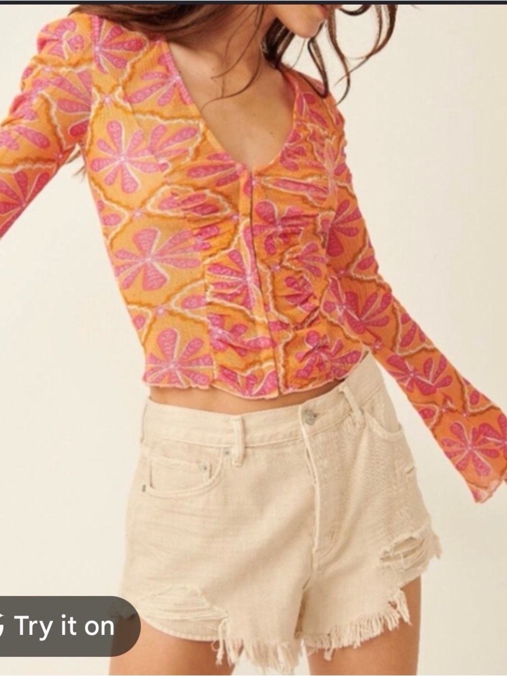 Free People Through the Meadow Mesh Ruched Sleeve Top Size Small Orange/Pink